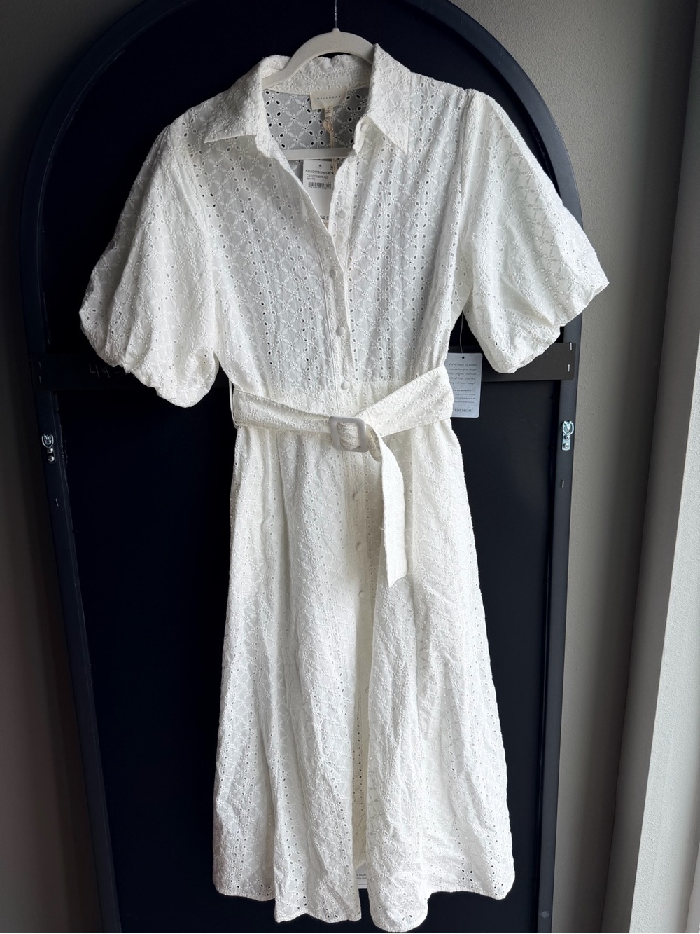 MELLODAY White Eyelet Midi Shirt Dress with Belt